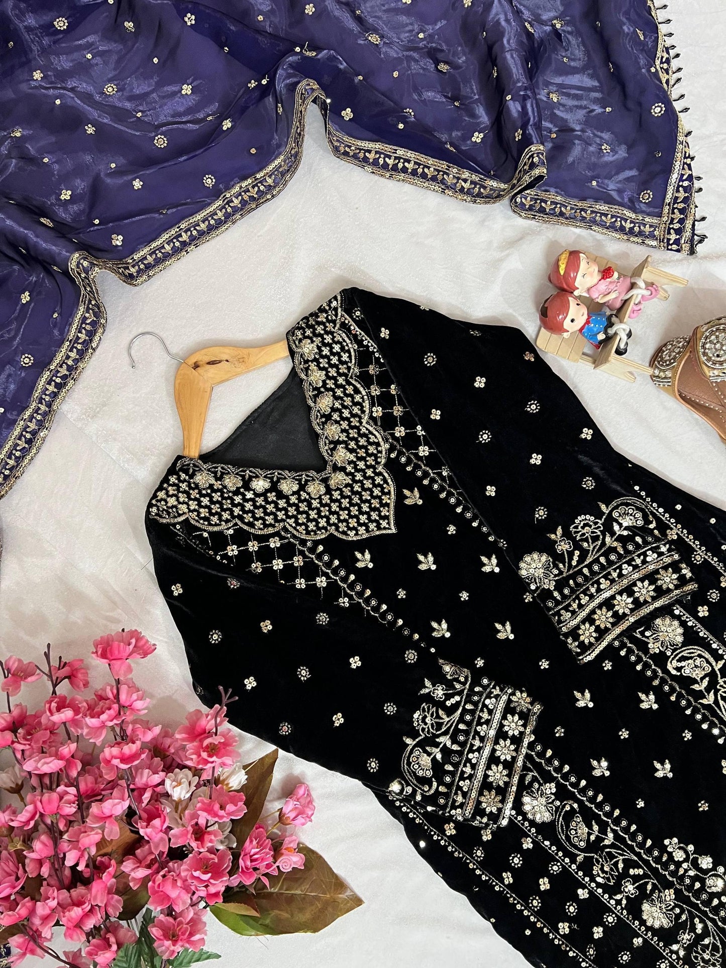 Premium Velvet Kurti Plazzo with Dupatta – 5mm Sequins &amp; Zari Embroidered Designer Set