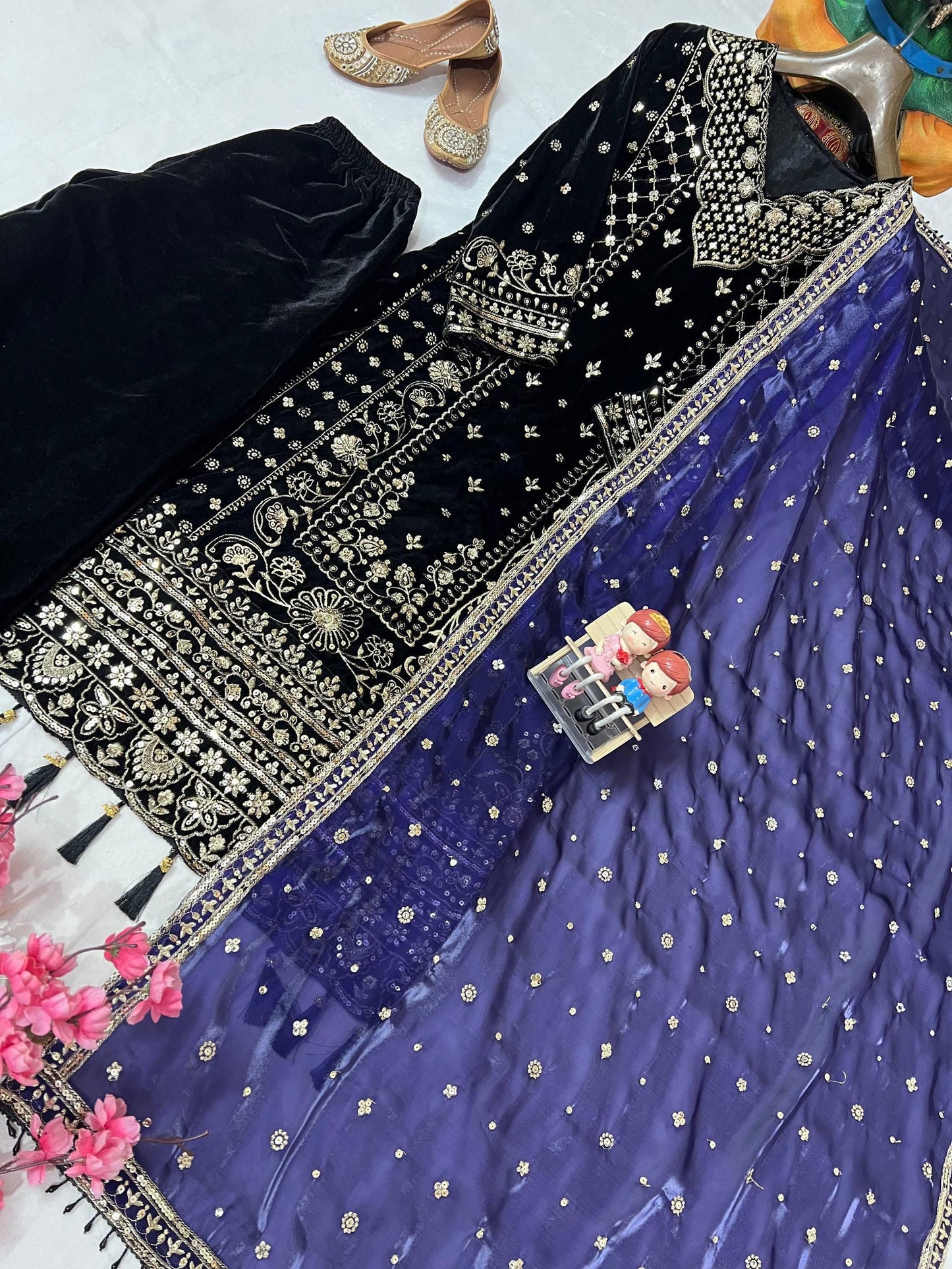 Premium Velvet Kurti Plazzo with Dupatta – 5mm Sequins &amp; Zari Embroidered Designer Set