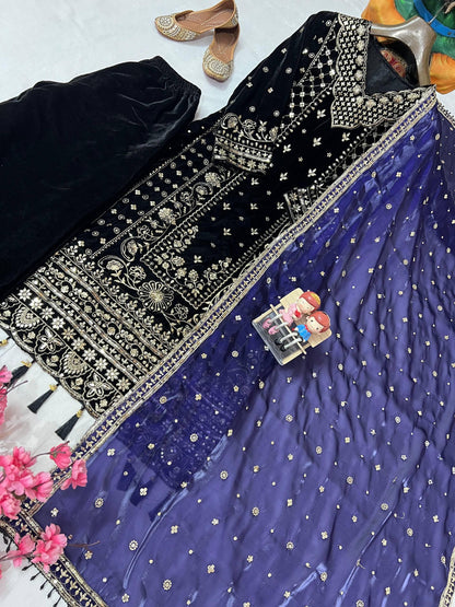 Premium Velvet Kurti Plazzo with Dupatta – 5mm Sequins &amp; Zari Embroidered Designer Set