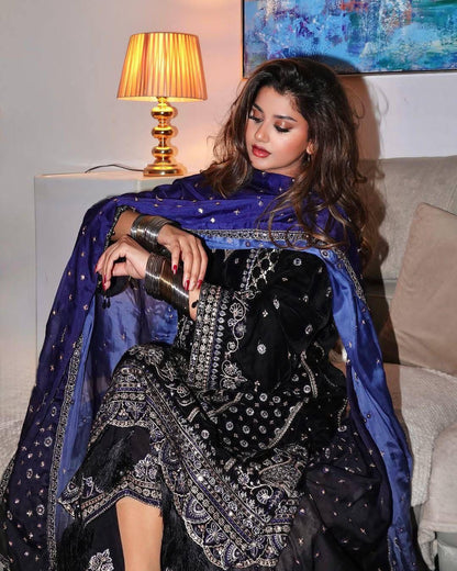 Premium Velvet Kurti Plazzo with Dupatta – 5mm Sequins &amp; Zari Embroidered Designer Set