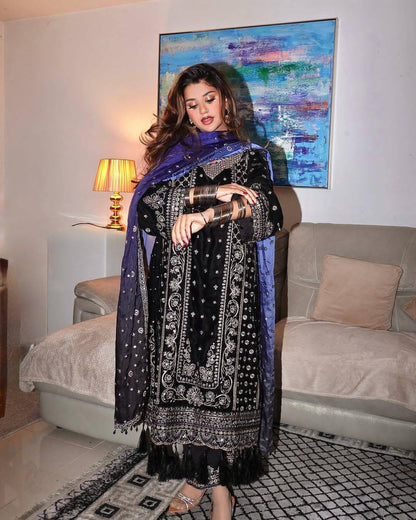 Premium Velvet Kurti Plazzo with Dupatta – 5mm Sequins &amp; Zari Embroidered Designer Set