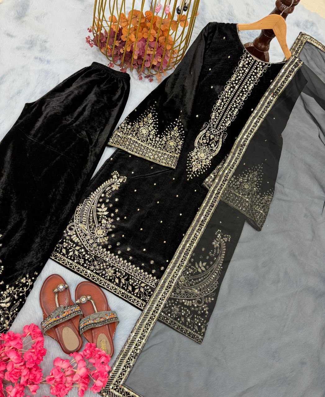 Premium Designer Velvet Top Plazzo with Organza Dupatta – Party Wear Sequence Embroidered Set
