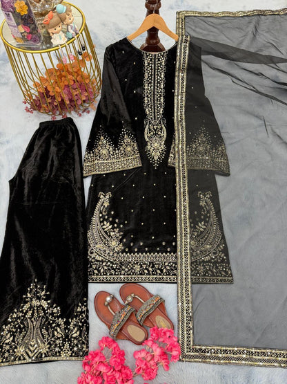 Premium Designer Velvet Top Plazzo with Organza Dupatta – Party Wear Sequence Embroidered Set
