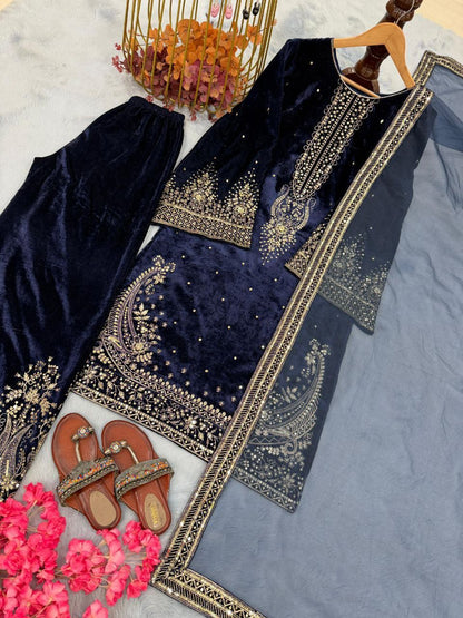 Premium Designer Velvet Top Plazzo with Organza Dupatta – Party Wear Sequence Embroidered Set