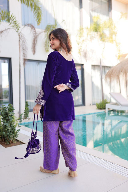Green & Purple Eid Special Velvet Top-Pant with Batwa Collection