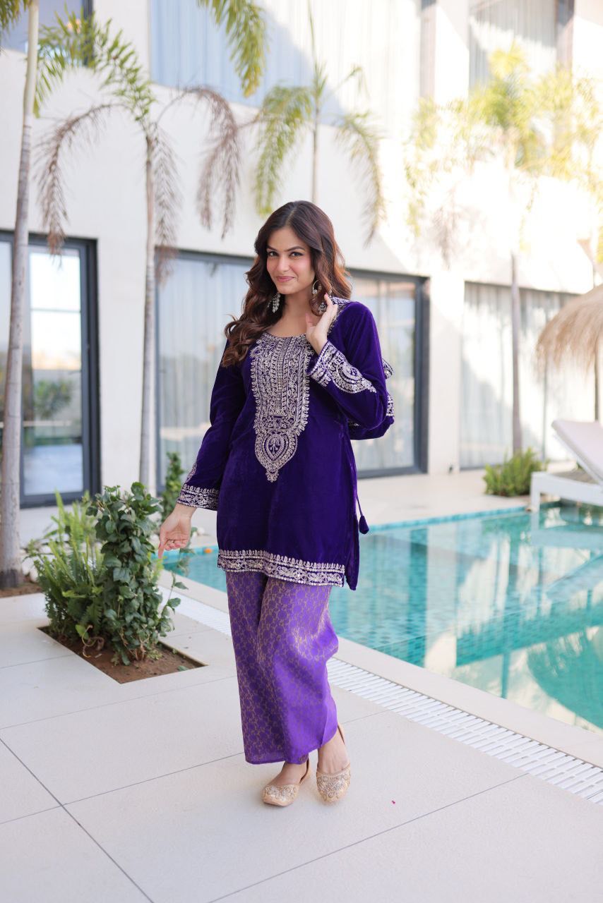 Green & Purple Eid Special Velvet Top-Pant with Batwa Collection