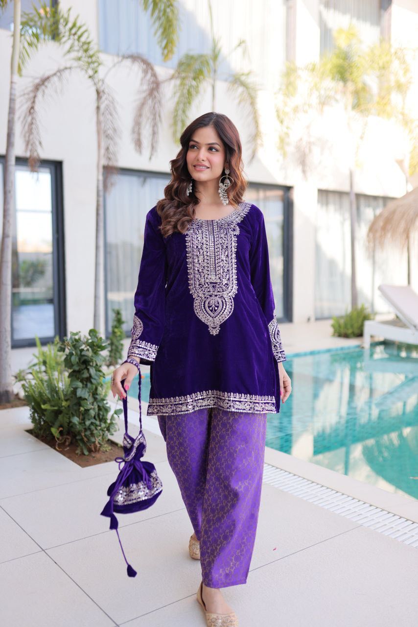Green & Purple Eid Special Velvet Top-Pant with Batwa Collection