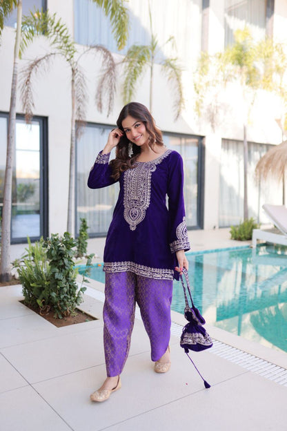 Green & Purple Eid Special Velvet Top-Pant with Batwa Collection