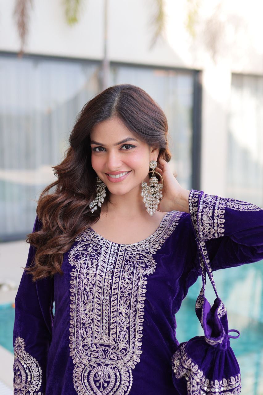 Green & Purple Eid Special Velvet Top-Pant with Batwa Collection