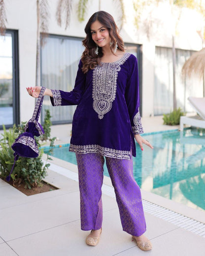 Green & Purple Eid Special Velvet Top-Pant with Batwa Collection