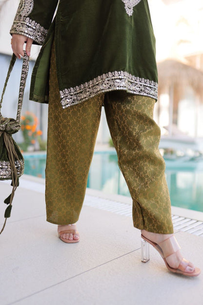 Green & Purple Eid Special Velvet Top-Pant with Batwa Collection