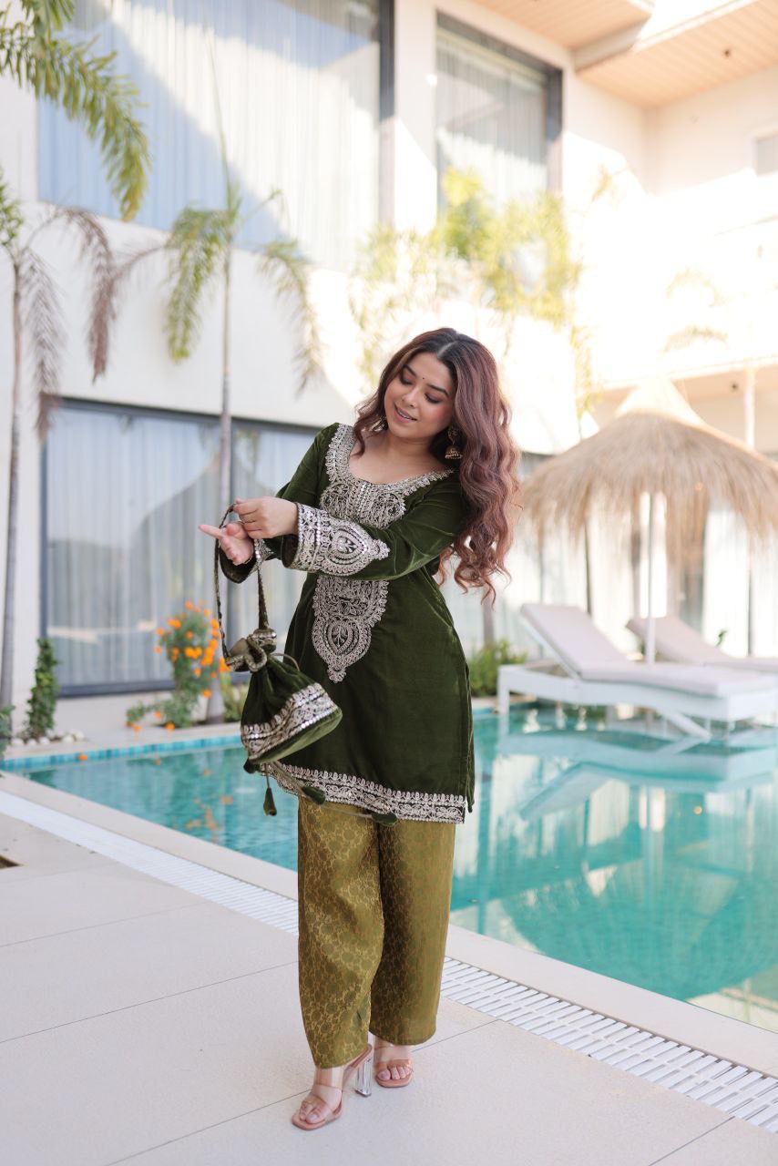 Green & Purple Eid Special Velvet Top-Pant with Batwa Collection