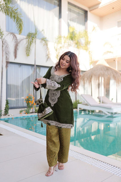 Green & Purple Eid Special Velvet Top-Pant with Batwa Collection