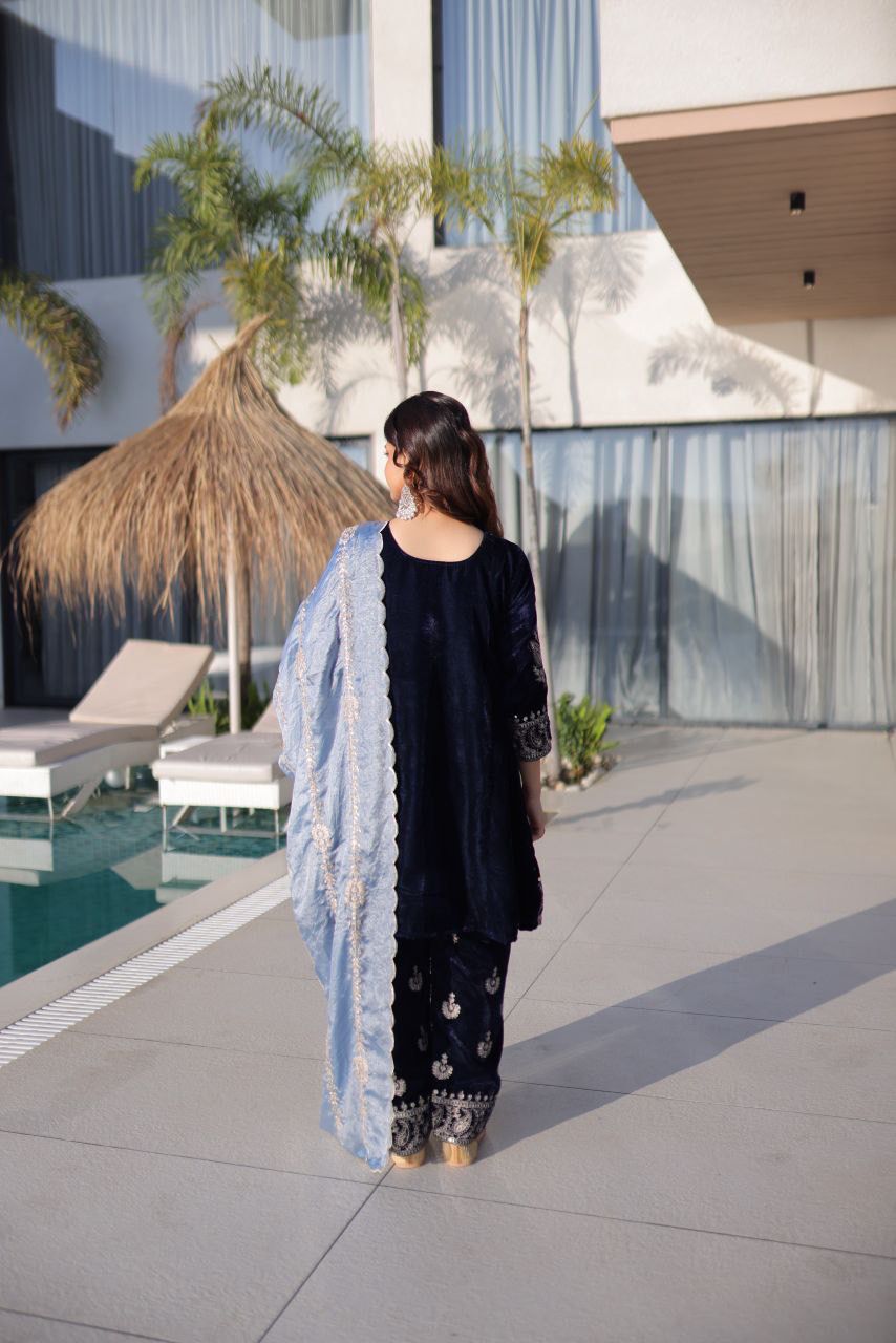 Velvet Top Pant Set with Fendi Dupatta | Zari Embroidery Festive Wear for Women