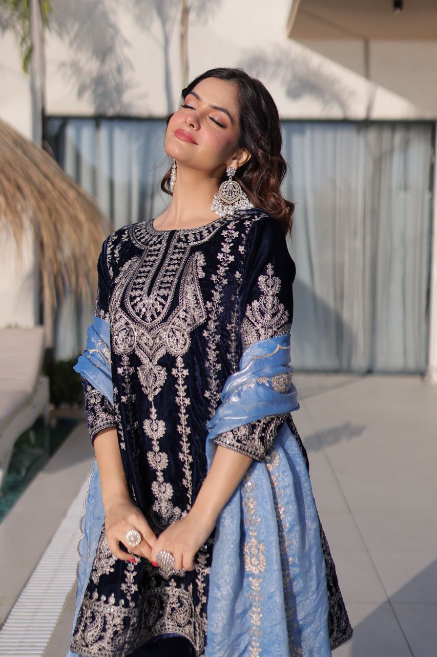 Velvet Top Pant Set with Fendi Dupatta | Zari Embroidery Festive Wear for Women