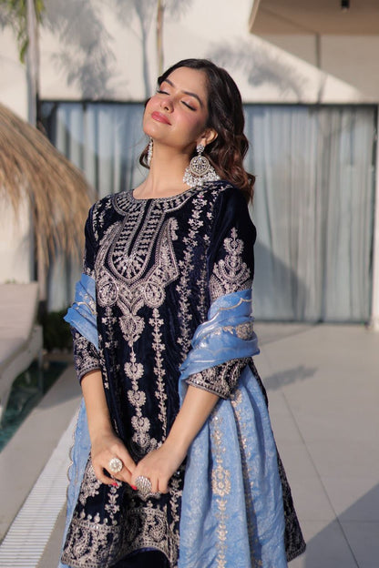 Velvet Top Pant Set with Fendi Dupatta | Zari Embroidery Festive Wear for Women