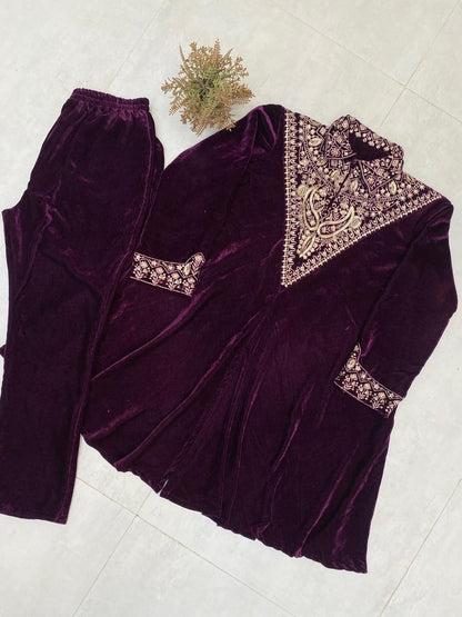 Velvet Kurta Plazzo Set with Sequence Embroidery | Winter Festive Wear | M-XXL | Ready to Dispatch