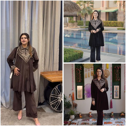 Velvet Kurta Plazzo Set with Sequence Embroidery | Winter Festive Wear | M-XXL | Ready to Dispatch