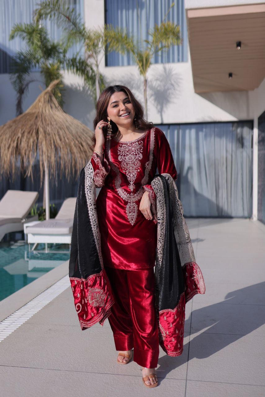 Premium Ice Velvet Top Pant Dupatta Set with Zari Embroidery | Winter Festive Wear