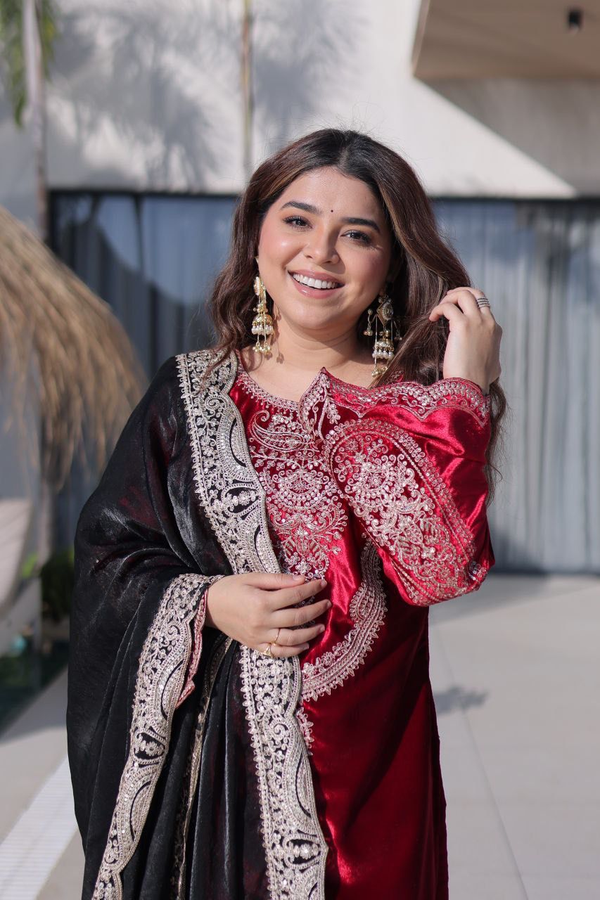 Premium Ice Velvet Top Pant Dupatta Set with Zari Embroidery | Winter Festive Wear