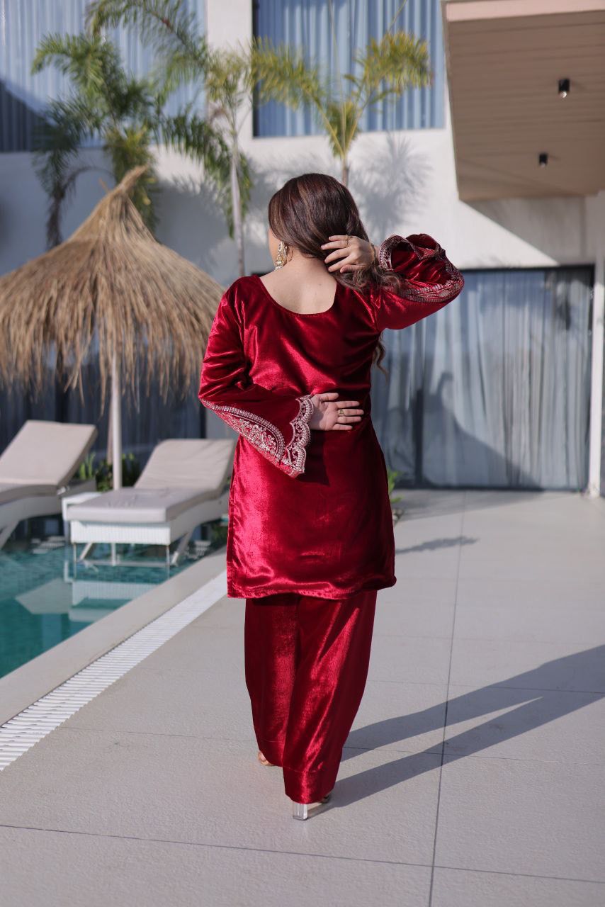 Premium Ice Velvet Top Pant Dupatta Set with Zari Embroidery | Winter Festive Wear