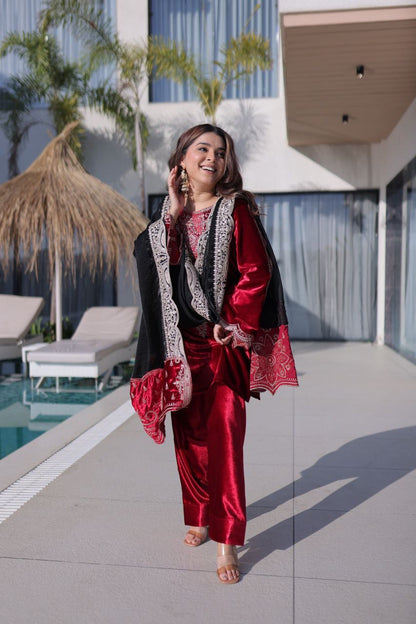 Premium Ice Velvet Top Pant Dupatta Set with Zari Embroidery | Winter Festive Wear