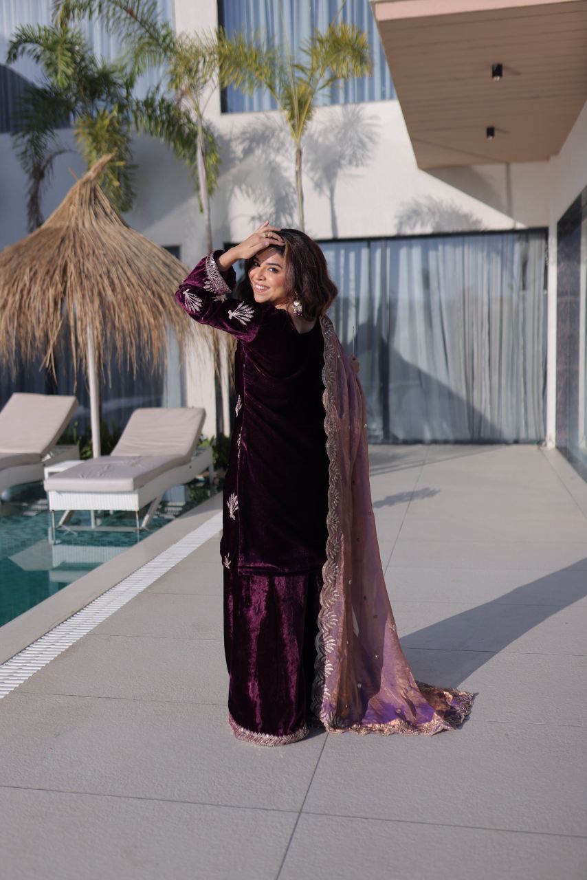 Ice Velvet Top Palazzo Set For Women with Zari Embroidery & Fendi Dupatta | Ready-Made Festive Ethnic Wear