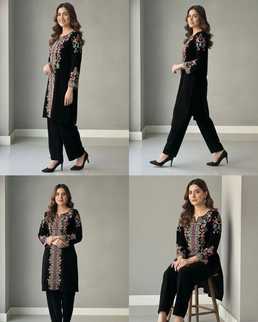 Woman modeling a black embroidered outfit in various poses against a gray background