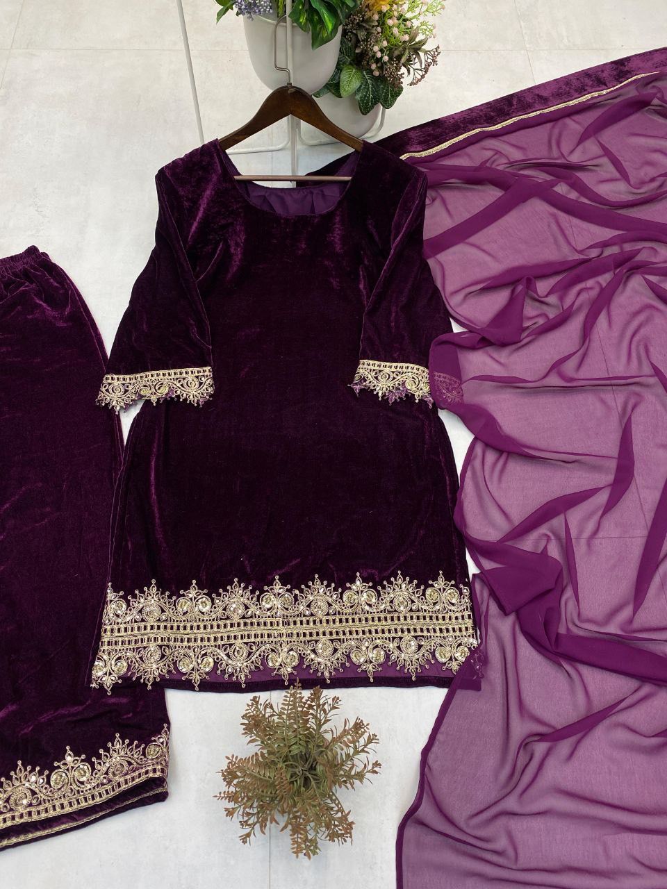 Velvet Kurta Plazzo Set with Dupatta | Premium Winter Designer Wear | Sequins Embroidery