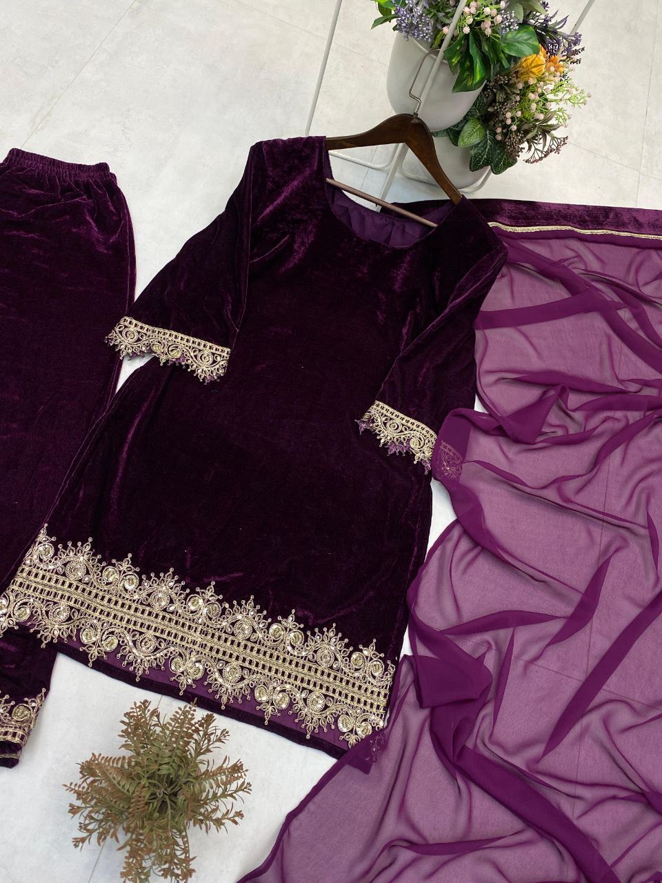 Velvet Kurta Plazzo Set with Dupatta | Premium Winter Designer Wear | Sequins Embroidery