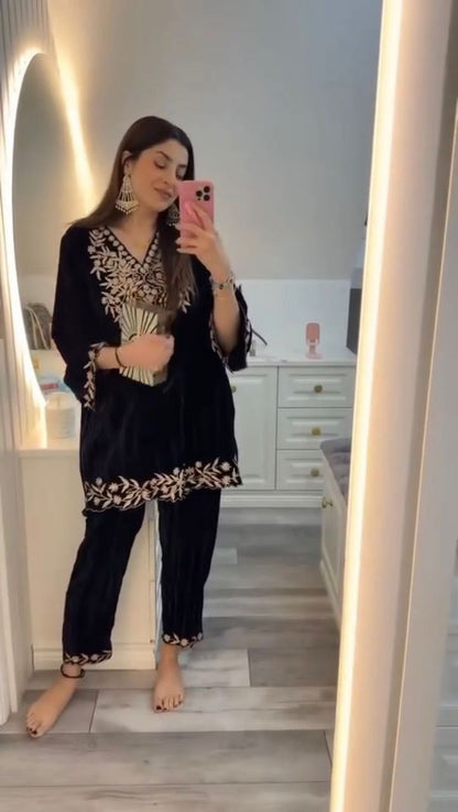 2025 Premium Velvet Co-Ord Set for Women | Sequins Embroidered Top & Plazzo | Winter Party Wear