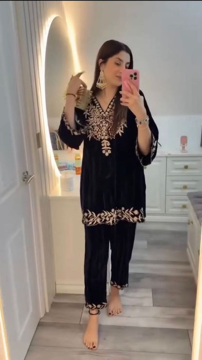 2025 Premium Velvet Co-Ord Set for Women | Sequins Embroidered Top & Plazzo | Winter Party Wear