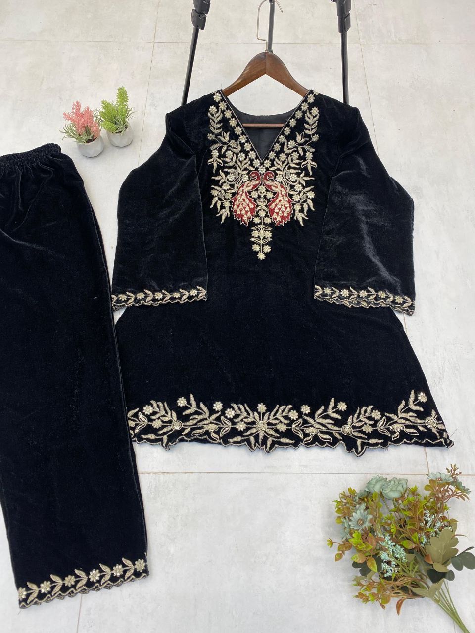 2025 Premium Velvet Co-Ord Set for Women | Sequins Embroidered Top & Plazzo | Winter Party Wear