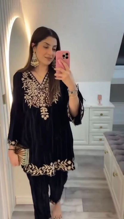 2025 Premium Velvet Co-Ord Set for Women | Sequins Embroidered Top & Plazzo | Winter Party Wear