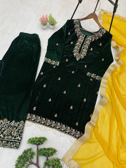 Premium Velvet Kurta Plazzo Set with Sequins Embroidery & Moti Lace | 3-Piece Winter Ethnic Wear (Kurta, Plazzo & Dupatta)