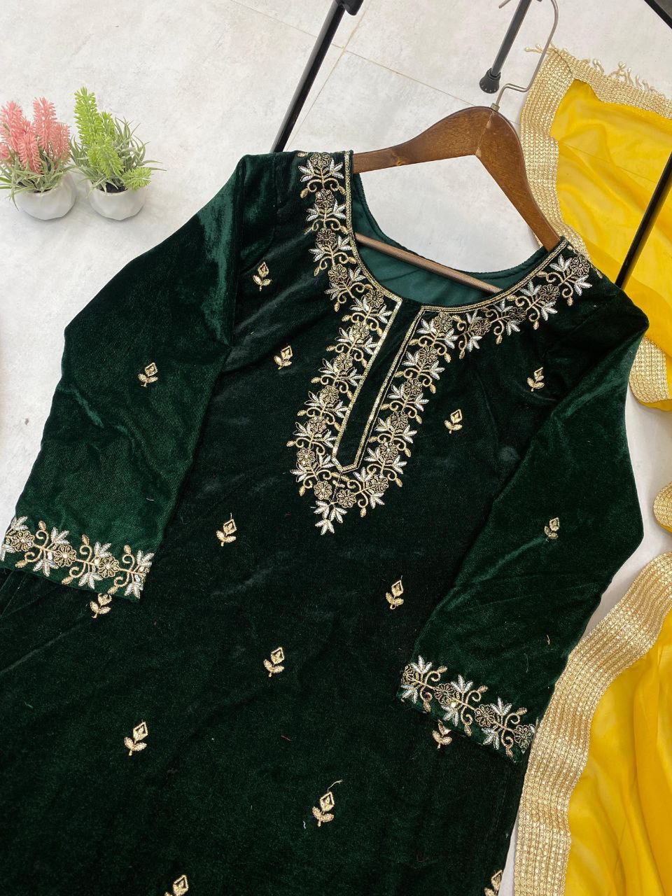 Premium Velvet Kurta Plazzo Set with Sequins Embroidery & Moti Lace | 3-Piece Winter Ethnic Wear (Kurta, Plazzo & Dupatta)