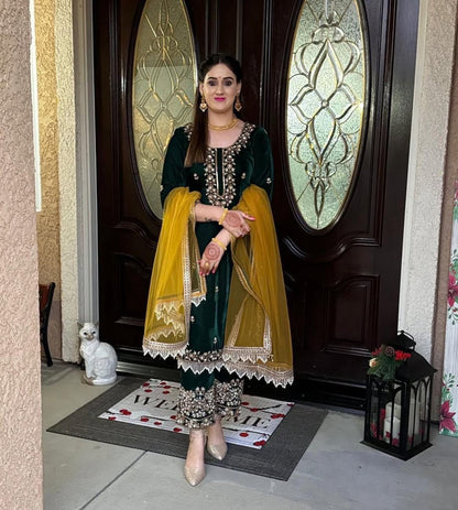 Premium Velvet Kurta Plazzo Set with Sequins Embroidery & Moti Lace | 3-Piece Winter Ethnic Wear (Kurta, Plazzo & Dupatta)