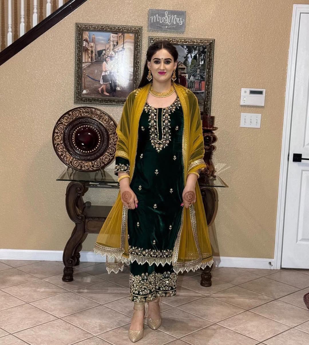 Premium Velvet Kurta Plazzo Set with Sequins Embroidery & Moti Lace | 3-Piece Winter Ethnic Wear (Kurta, Plazzo & Dupatta)