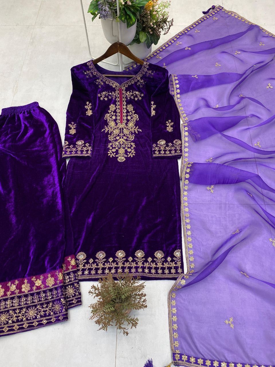 Premium Purple Velvet Kurta Plazzo Set with Cording Sequins Work & Organza Dupatta – Designer Winter Festive Wear