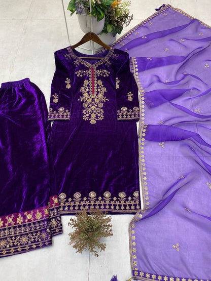 Premium Purple Velvet Kurta Plazzo Set with Cording Sequins Work & Organza Dupatta – Designer Winter Festive Wear