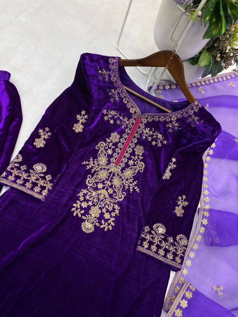 Premium Purple Velvet Kurta Plazzo Set with Cording Sequins Work & Organza Dupatta – Designer Winter Festive Wear