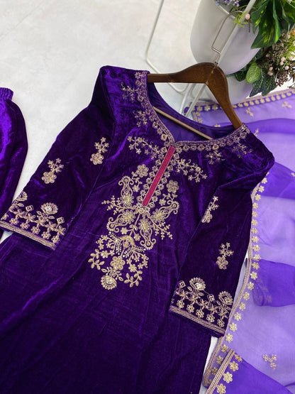 Premium Purple Velvet Kurta Plazzo Set with Cording Sequins Work & Organza Dupatta – Designer Winter Festive Wear