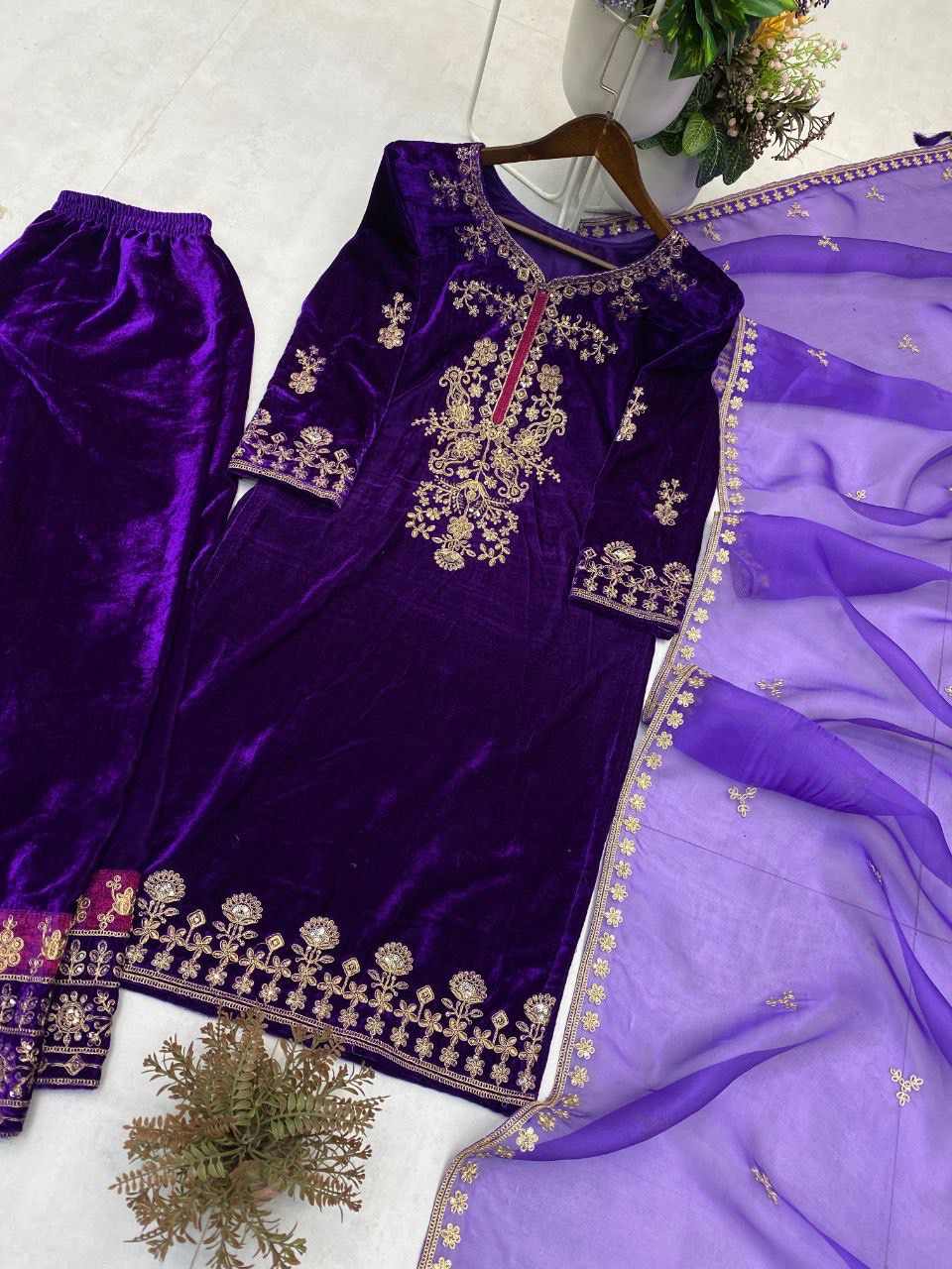 Premium Purple Velvet Kurta Plazzo Set with Cording Sequins Work & Organza Dupatta – Designer Winter Festive Wear