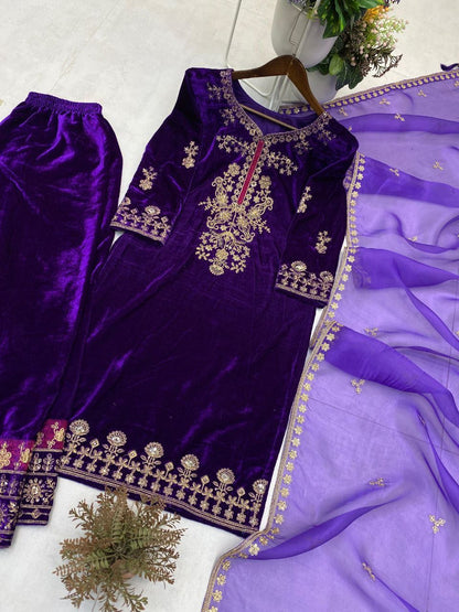 Premium Purple Velvet Kurta Plazzo Set with Cording Sequins Work & Organza Dupatta – Designer Winter Festive Wear