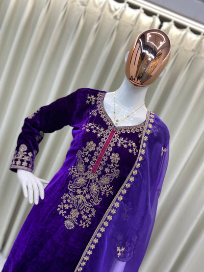 Premium Purple Velvet Kurta Plazzo Set with Cording Sequins Work & Organza Dupatta – Designer Winter Festive Wear