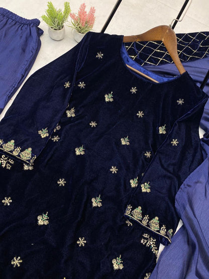 Luxury Velvet Winter 3 Piece Suit Set | Sequins Embroidery Kurti Plazzo Dupatta | Party Wear 2026