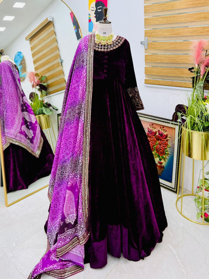 New Designer Partywear Heavy Velvet Gown with Chinon Silk Dupatta | Embroidered Sequins | Ready to Wear (M–XXL)