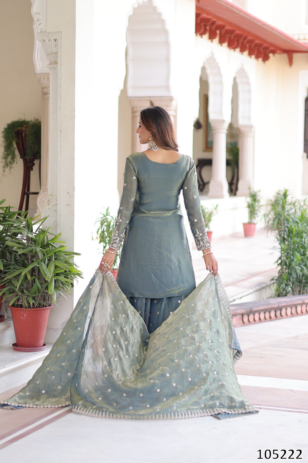Premium Designer Fendi Silk Kurti Sharara with Dupatta – Coding Sequins Embroidered