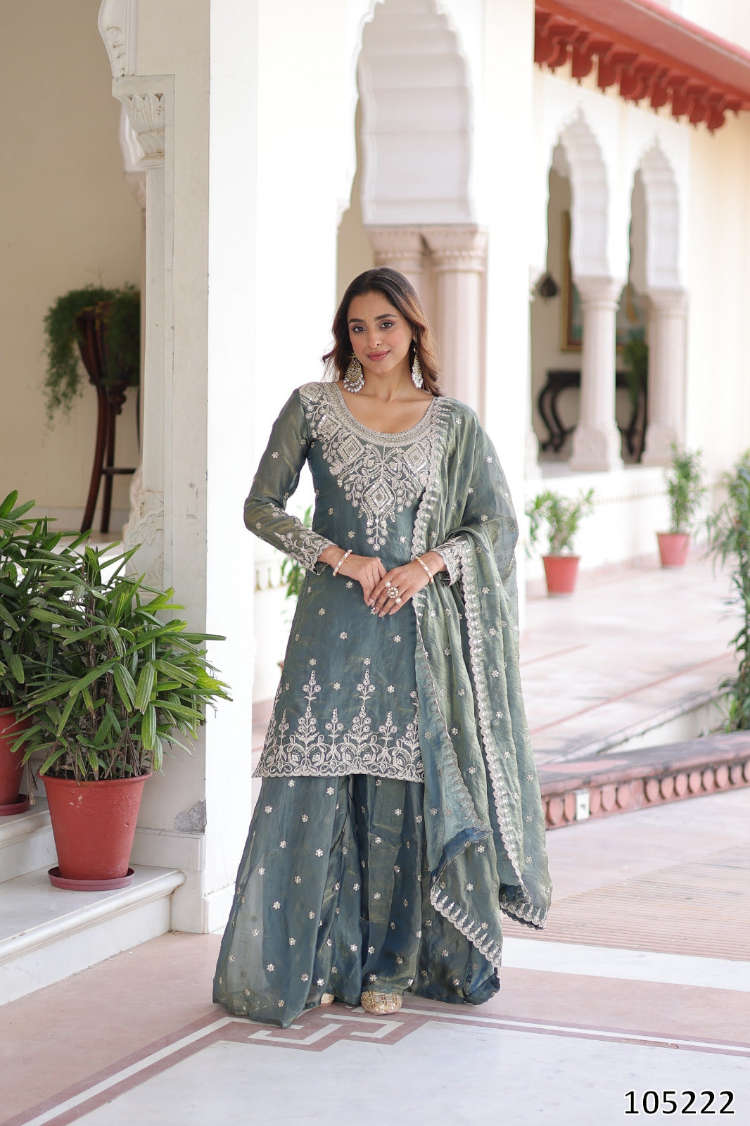 Premium Designer Fendi Silk Kurti Sharara with Dupatta – Coding Sequins Embroidered