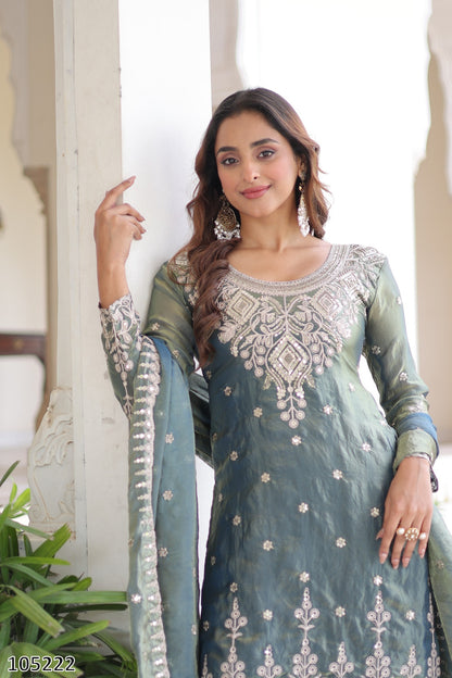 Premium Designer Fendi Silk Kurti Sharara with Dupatta – Coding Sequins Embroidered